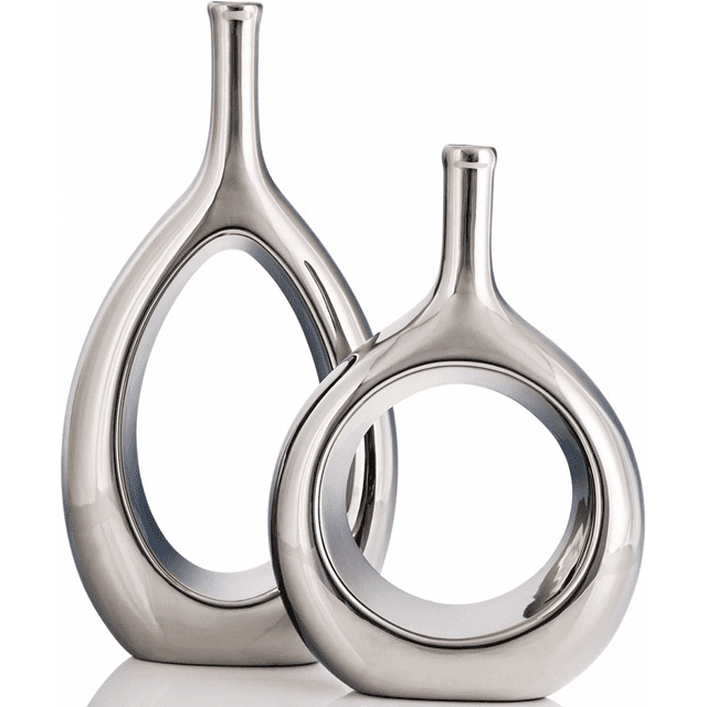 Silver Vase Set of 2,Ceramic Silver Vases for Decor,Silver Room Decor