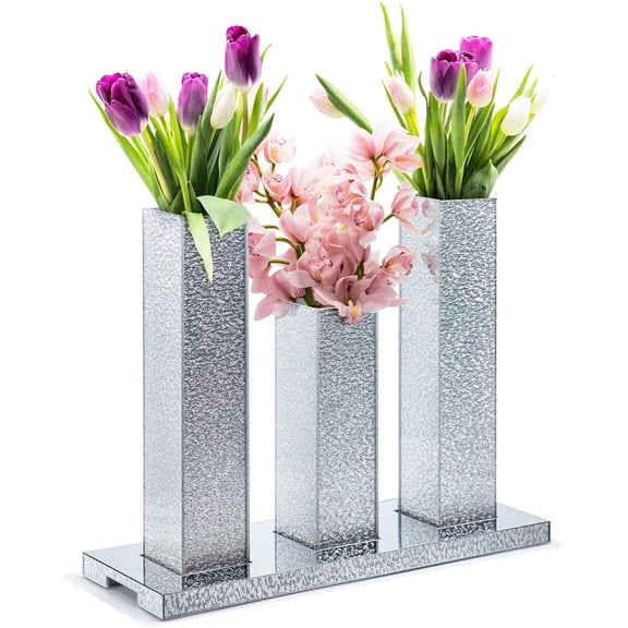 Silver Vases for Decor Vase - Acrylic Flower Vase Set Luxury Gift, Modern Decorative Vases for Home Décor, Living Room, Entryway Table, Mantle Shelf & Wedding Centerpiece, 3 Vases & Tray, by Elavain