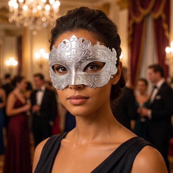 Silver Venetian Masquerade Mask for Women 7 Inch, Masquerade Party Accessory for Mardi Gras Halloween Wedding Events, 1 Pack