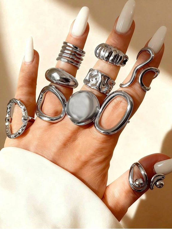 Silver Vintage Bohemian Asymmetrical Geometric Stacking Ring Set 10 Pieces