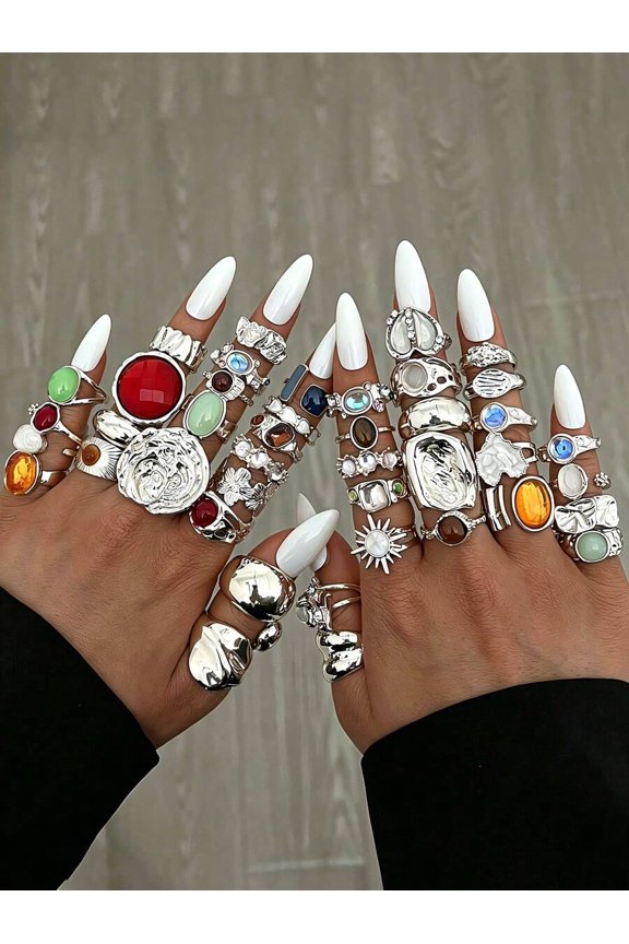 Silver Vintage Bohemian Ring Set For Women – 20/15/11/6pcs With Colorful Stones, Sun, Shell, Geometric & Floral Designs