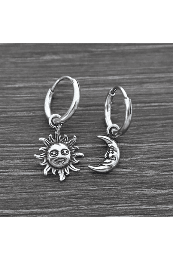Silver Vintage Bohemian Sun And Moon Face Pendant Hoop Earrings For Women