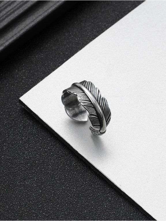 Silver Vintage Leaf Design Adjustable Ring For Men