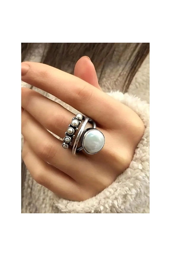 Silver Vintage Multilayer Faux Pearl Cocktail Ring For Women