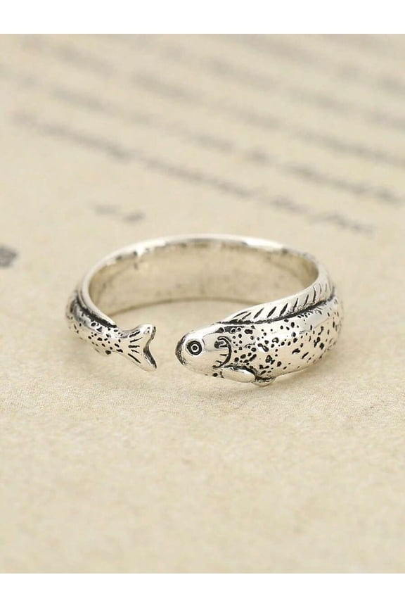Silver Vintage-Style Fish Charm Open Ring For Adults, Adjustable Unisex Jewelry