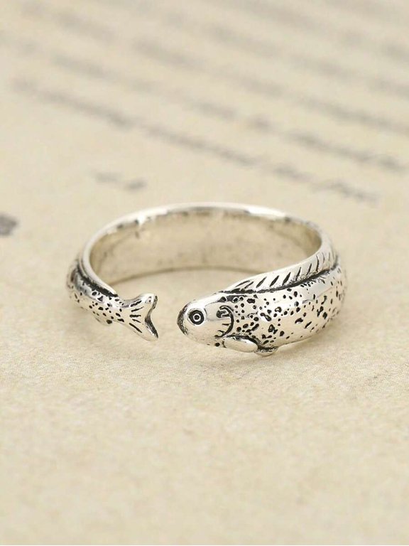 Silver Vintage-Style Fish Charm Open Ring For Adults, Adjustable Unisex Jewelry