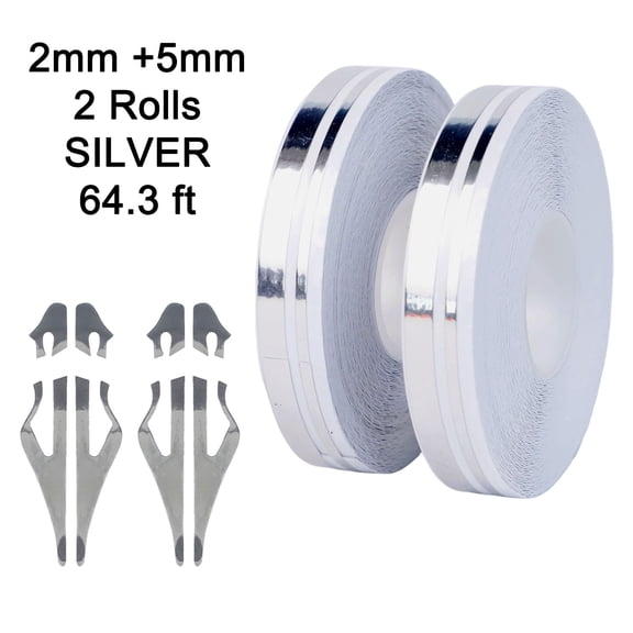 Silver Vinyl Pinstripe Tape Decal Set for Car, Boat, Motorcycle and Helmet Body Decoration, Scratch Resistant Double Line Stripes, Non-Fading Flexible, 2 Pack