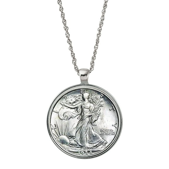 Silver Walking Liberty Half Dollar Coin Silvertone Pendant Necklace