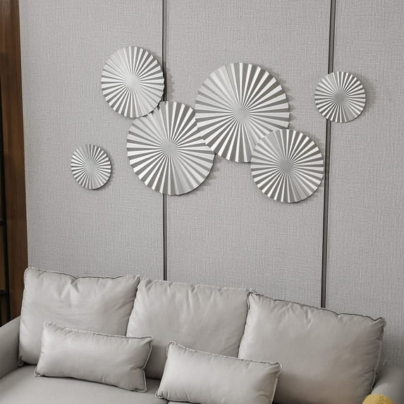 Silver Wall Art Set Of 6, Silver Wall Decor, Metal Modern Accent Large Sunburst Hanging Decorations Above Bed For Home Office Bedroom Bathroom Or Living Room(L-15.7, M-11.8, S-7.9)