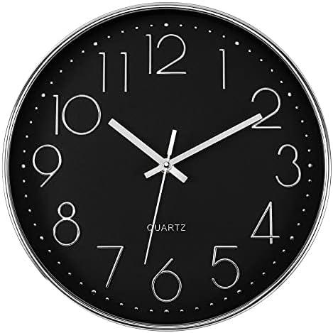 Silver Wall Clock Silent Non-Ticking Battery Operated Round Modern Wall Clock for Office School Home Living Room Bedroom Bathroom Kitchen Decor (12 Inch, Black Dial)
