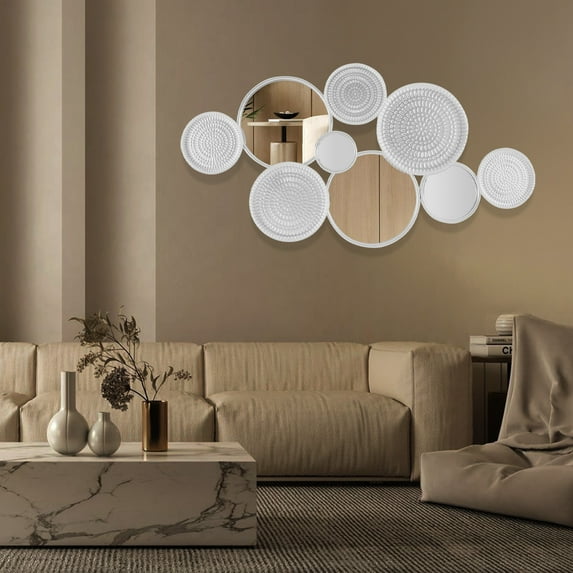 Silver Wall Decorative Mirror,Wall Mount Retro Wall Art Mirror with 4 Clear Round Mirrors & 5 Decorative Discs,45.28 * 22.83Inch Texture Round Wall Mirror for Entryway,Bedroom,Home Decor