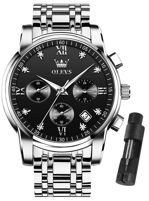 Silver Watches for Men OLEVS Watch Men Black Face Luxury Watches for Men Stainless Steel Men Watch Dress Waterproof Watch for Men