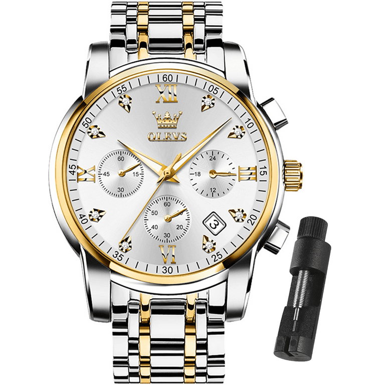 OLEVS Luxury Silver Men's Wrist Watch with Gold and Stainless