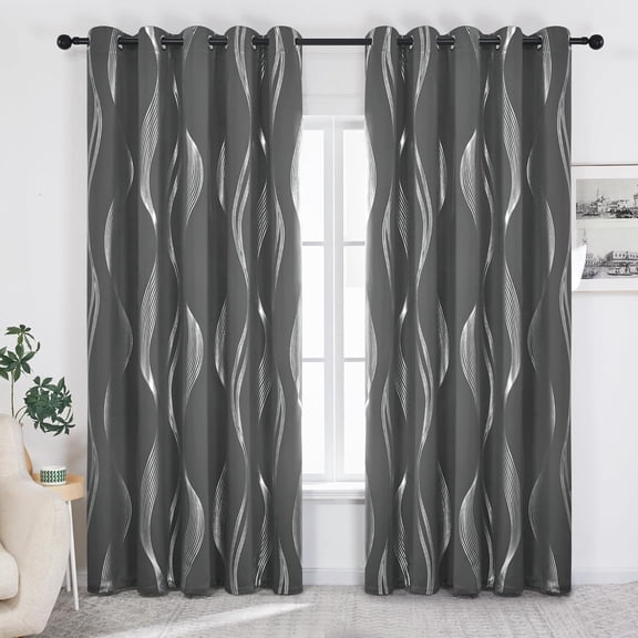 Silver Wave Print Blackout Curtains - Thermal Insulated & Noise-Reducing Grommet Drapes for Bedroom & Living Room, Oeko-Tex Certified, Dark Grey, 66W x 95L, 2 Panels