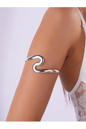 Silver Wavy Open Cuff Arm Band Bracelet For Women