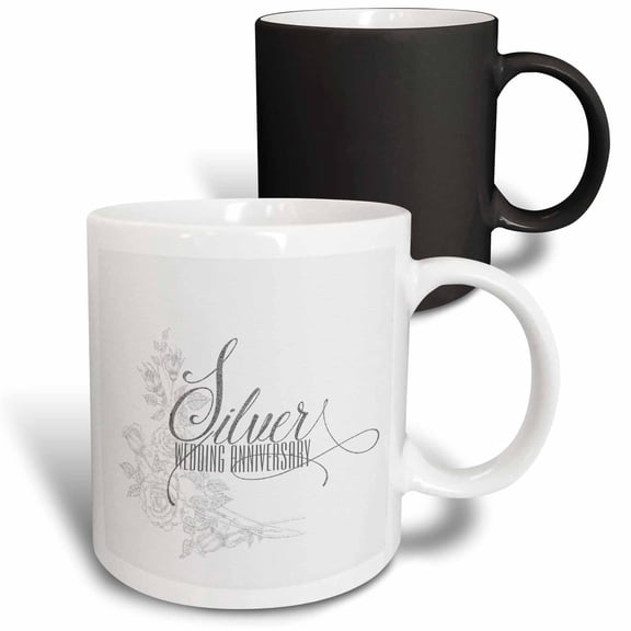3drose, Silver Wedding Anniversary Faux Glitter Typography and Roses on White, 11oz Magic Transforming Mug