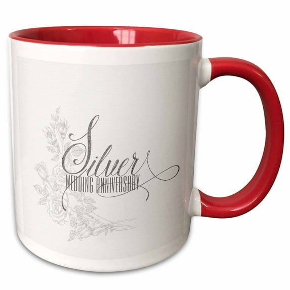 3drose, Silver Wedding Anniversary Faux Glitter Typography and Roses on White, 15oz Two-tone Red Mug