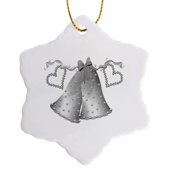 3drose, Silver Wedding Bells, 3 inch Snowflake Porcelain Ornament