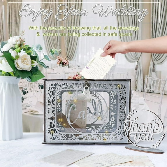 Silver Wedding Card Box with Lock, Wooden Gift Card Holder with Window & LED Light for Wedding Reception, Party, Birthday &