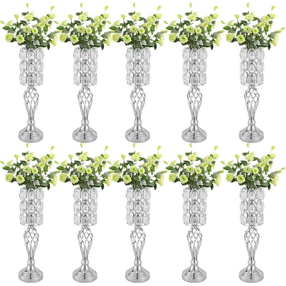 Silver Wedding Centerpiece Vases - Metal Flower Stand with Crystal Beads, 20" Tall Table Decoration Vase Flower Candle Holder, Bulk Centerpieces for Events, Reception, Ceremony - Set of 10