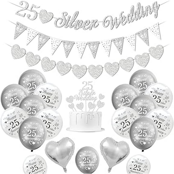Silver Wedding Decorations, 25th Wedding Anniversary Decorations 25 Silver Wedding Balloons Happy 25th Anniversary Balloons Metallic Silver White Balloons Banner Cake Topper