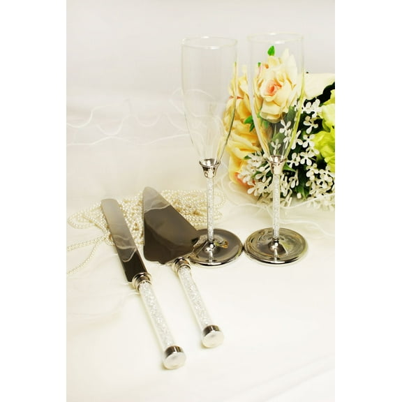 Silver Wedding Toasting Glass Knife and Wedding Cake Server Set