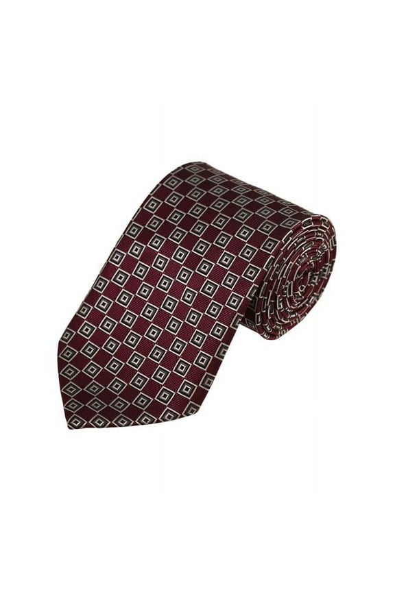 Silver, White And Maroon Geometric Woven Necktie