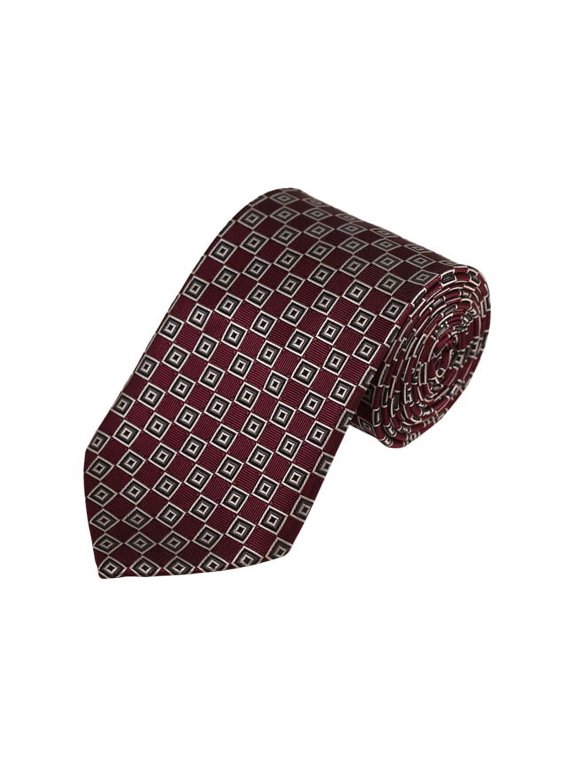 Silver, White And Maroon Geometric Woven Necktie