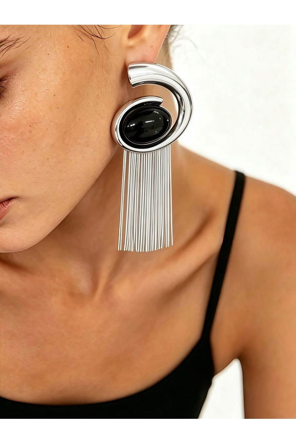 Silver+White Geometric Asymmetrical Spiral Dangle Earrings With Black Oval Acrylic Inlay