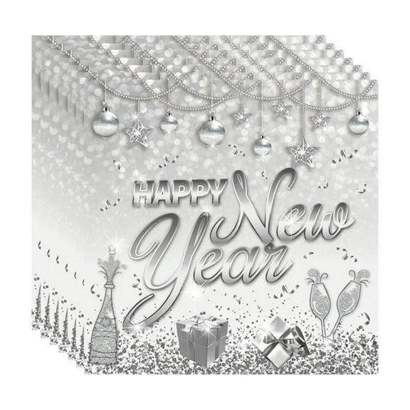 Silver and White Happy New Year Disposable Tableware Set,Paper Plates and Cups for Holiday Parties, Festive Dining Set for New Year Events, Sturdy Paper Construction for Reliable Use