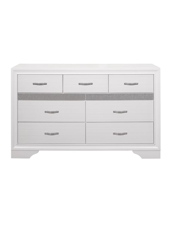 Silver+White Modern Glam Dresser of 7 Drawers White and Silver Glitter Hidden Jewelry Drawers Ball Bearing Glides Modern Wooden Bedroom Furniture