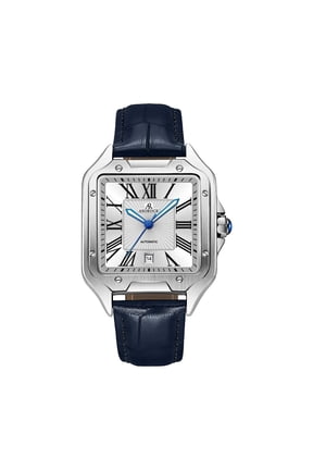 Silver/White - Navy Blue strap Diplomat|  42 mm automatic homage mens watch | vintage square tank silhouette watch