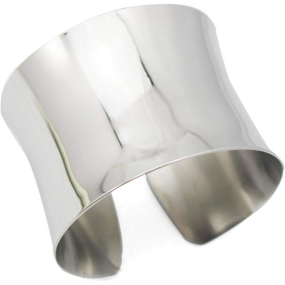 Silver Wide Grooved Cuff Bangle for Women Lady Stainless Steel Shiny Punk Bracelet