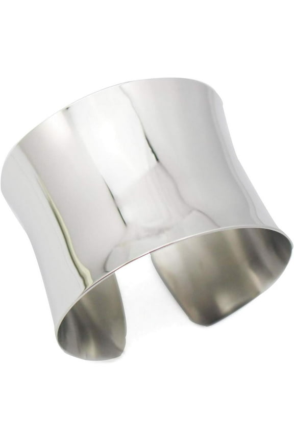 Silver Wide Grooved Cuff Bangle for Women Lady Stainless Steel Shiny Punk Bracelet