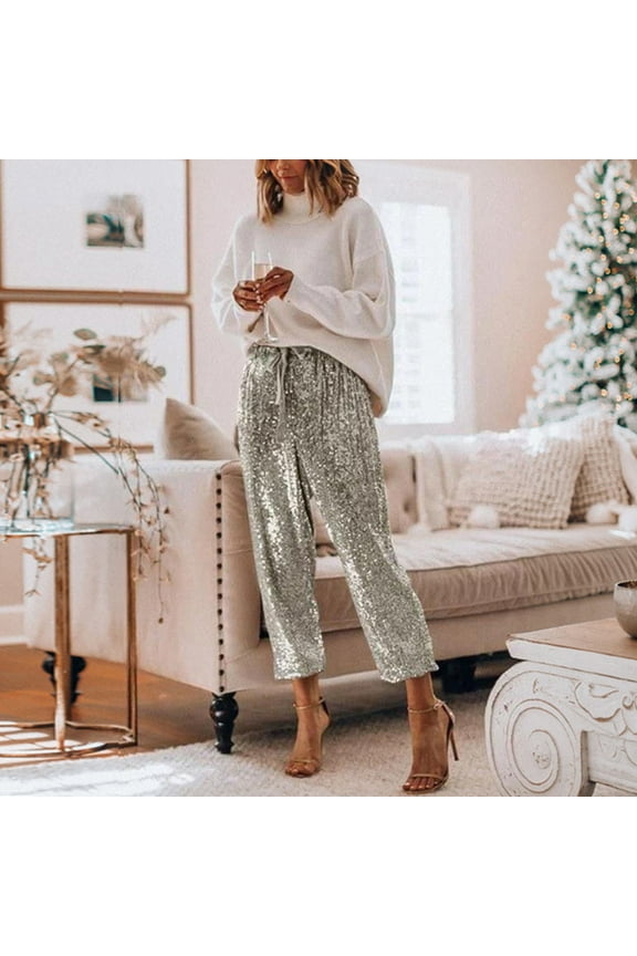 Silver Wide Leg Trousers Women, Womens Dress Pants for Work, Womens Dress Pants, L Work Clothes for Women 2024, Sequin Womens Summer Pants, Weekend Sequin Womens Business Casual Pants