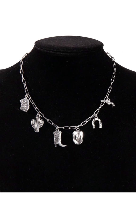 Silver Wild West Charm Pendant Necklace With Cactus, Boot, Hat & Horseshoe