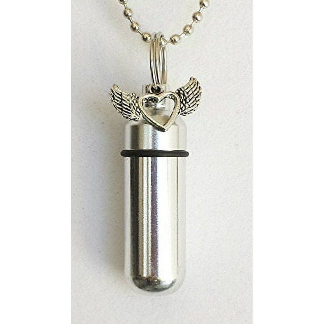 Silver Winged Open Heart CREMATION URN with Laser Engraved Heart - Includes Velvet Pouch, Ball-Chain, &amp; Fill Kit