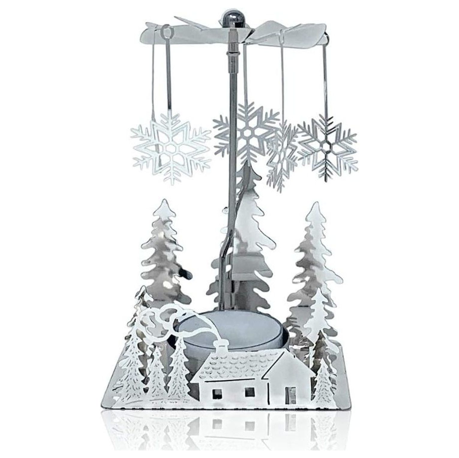 Silver Winter Cabin Candle Spinner Silver Plated Laser Cut Winter