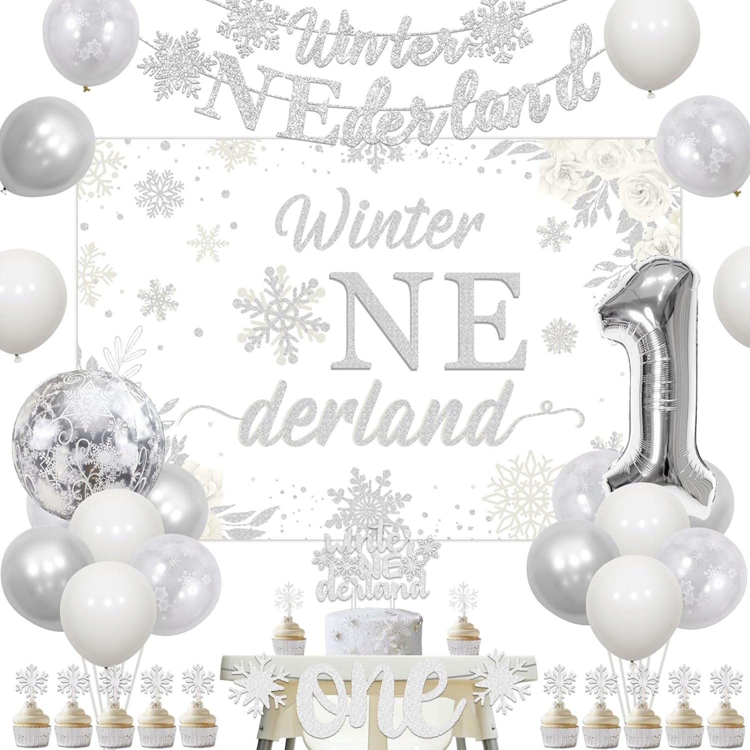 Winter Wonderland 1st Birthday Banner - Snowflake Highchair Garland, Pink & Silver
