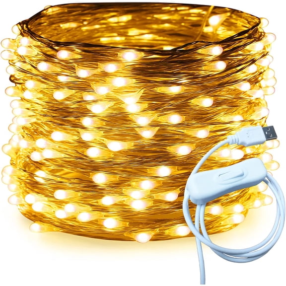 Silver Wire 66 Ft 200 LED USB Fairy String Lights with On/Off Switch (Warm White)
