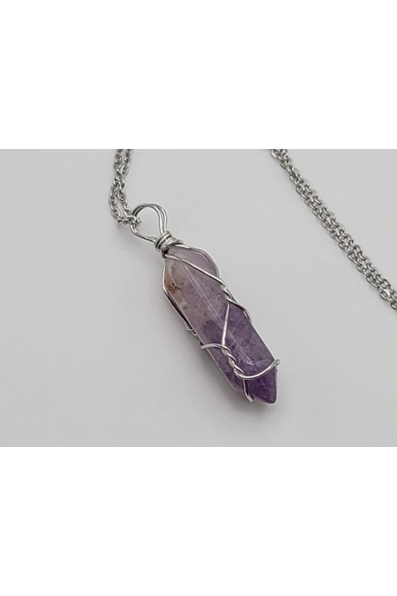 Silver Wire Wrapped Amethyst Point Necklace Genuine Handmade