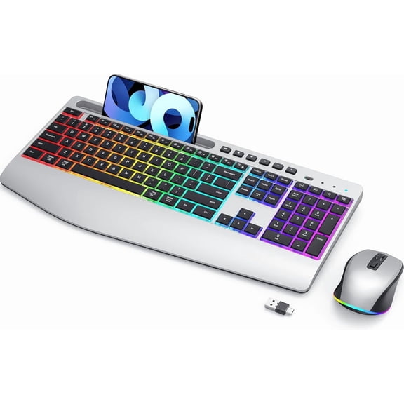 Silver Wireless Keyboard and Mouse Combo - Dual System RGB Backlit Mouse and Keyboard Advanced Optical Tracking, Lag-Free Wireless,Ergonomic Keyboard, 90% Less Noise Silver-V1
