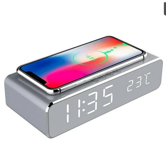 Silver Wireless Phone Charger USB Digital Desk Alarm Clock With Thermometer
