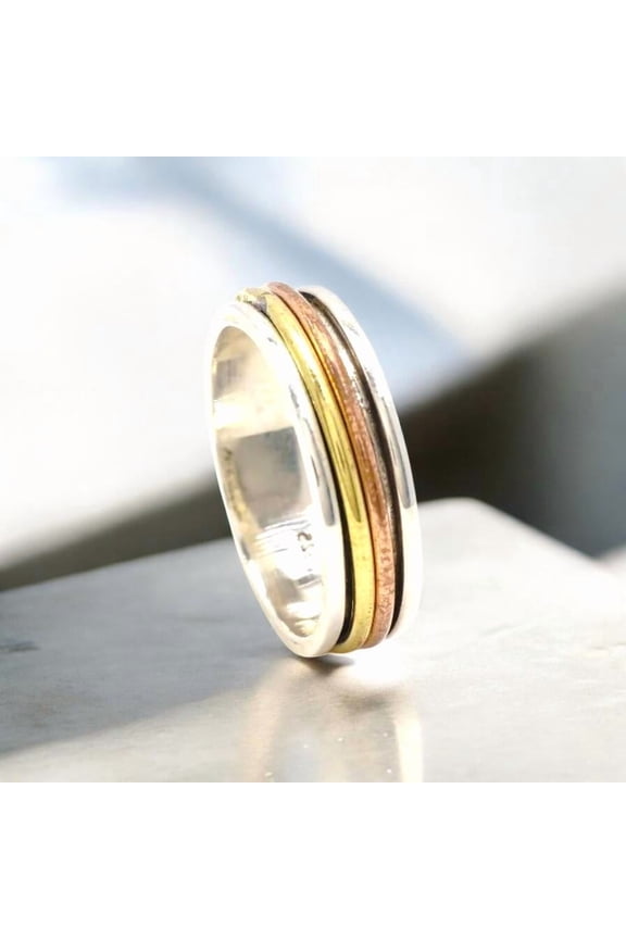 Silver With Copper Ring, Boho Spinner Ring, 925 Sterling Silver Ring, Meditation Ring, Anxiety Ring, Hammered Ring, Two Type Copper Ring,...