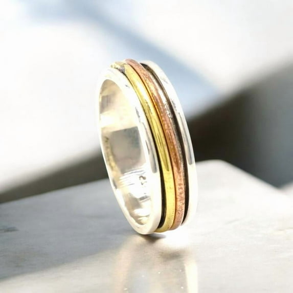 Silver With Copper Ring, Boho Spinner Ring, 925 Sterling Silver Ring, Meditation Ring, Anxiety Ring, Hammered Ring, Two Type Copper Ring,...