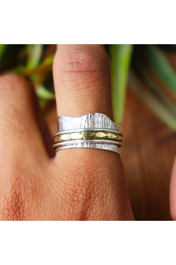 Silver With Copper Ring, Boho Spinner Ring, 925 Sterling pure Silver Ring, Meditation Ring, Anxiety Ring, Hammered Ring, Personalized Gift,.