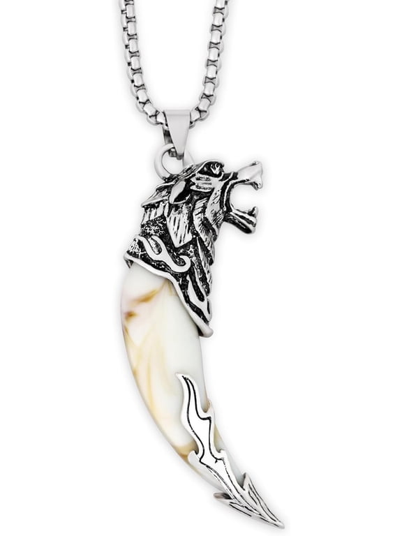 Silver Wolf Tooth Necklace - Men's Animal Fang Pendant With Retro Head Spear Chain for Ceremony Gift Jewelry