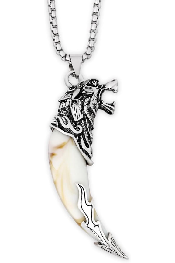 Silver Wolf Tooth Necklace - Men's Animal Fang Pendant With Retro Head Spear Chain for Ceremony Gift Jewelry