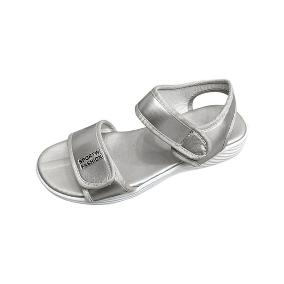 Silver Women Beach Sandals Round Toe Open Toe Soft Bottom Pu Upper Spring Summer Casual Outer Wear
