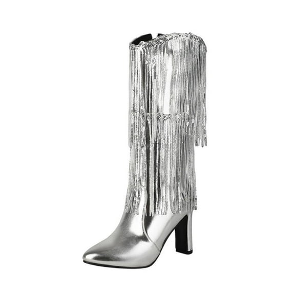 Silver Women Casual Boots Pointed Toe Side Zipper Stiletto Heel For Versatile Winter Use